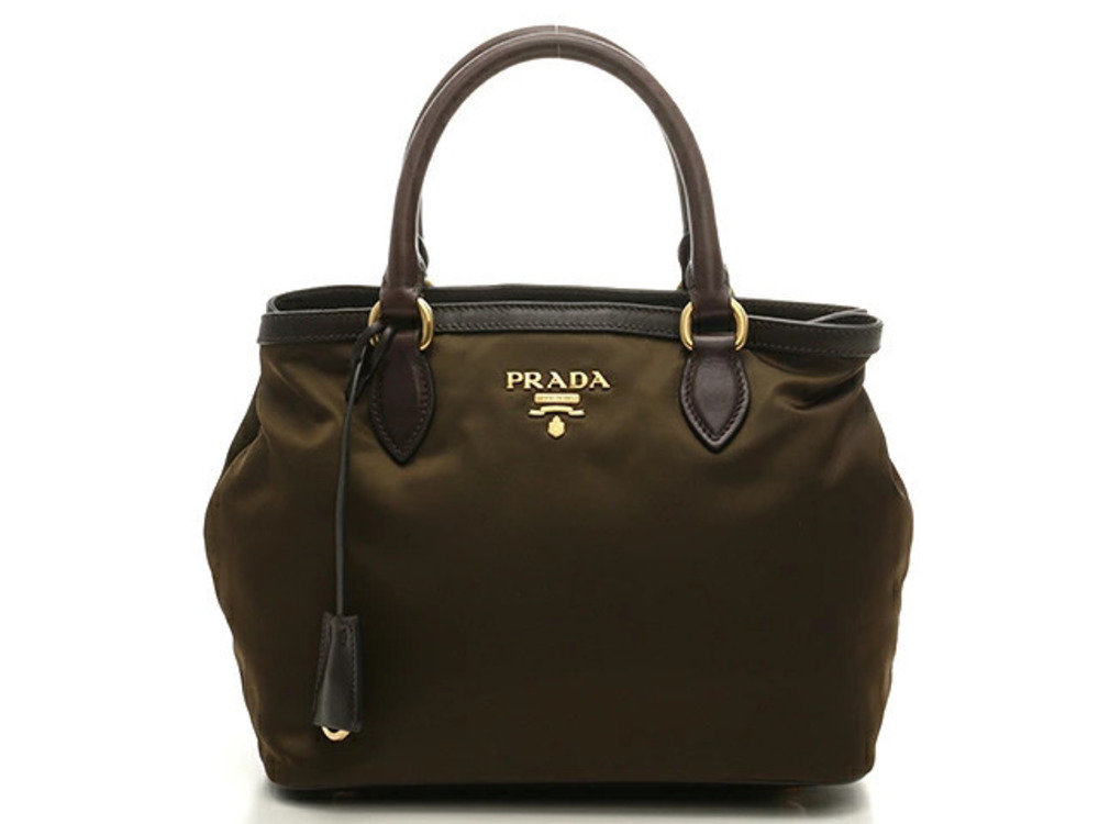 Prada Bag Shoulder Khaki Green Dark Brown Calfskin
